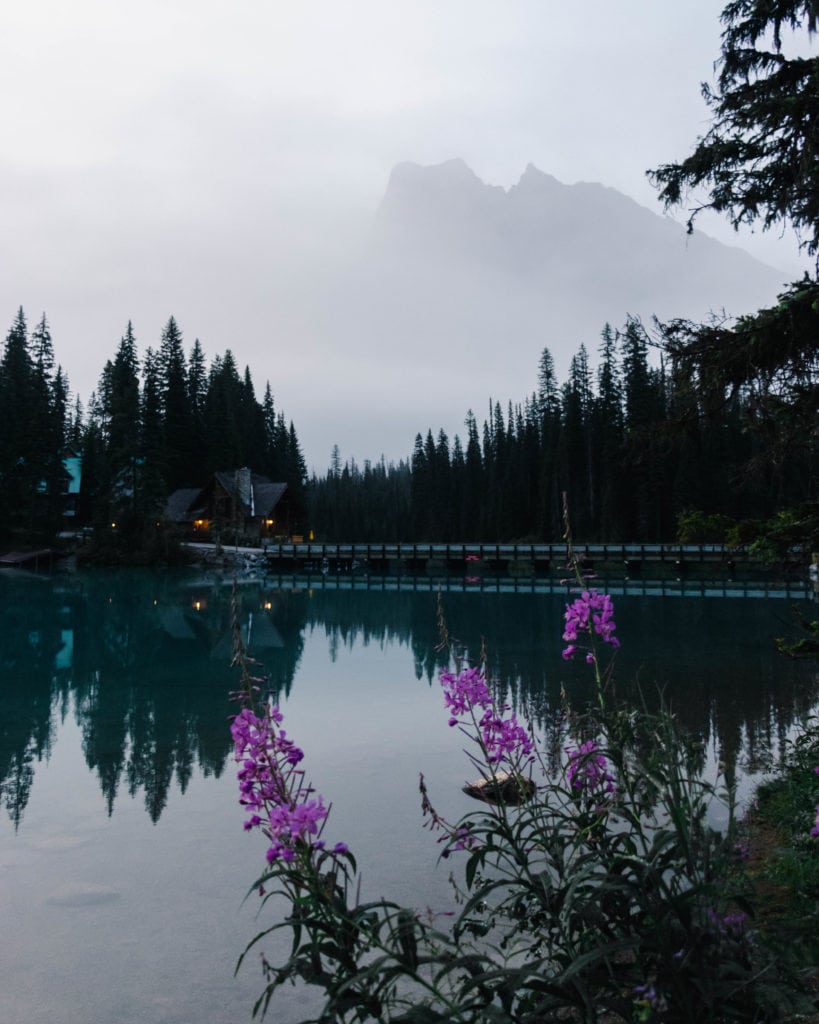 a view of Emerald Lake Lodge with massive mountain in the back. One of the best hikes in the Canadian Rockies