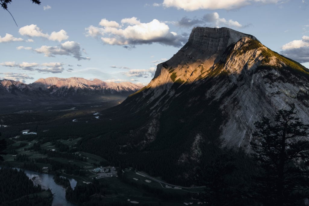 one of the viewpoints of a towering mountain on tunnel mountain trail in banff national park