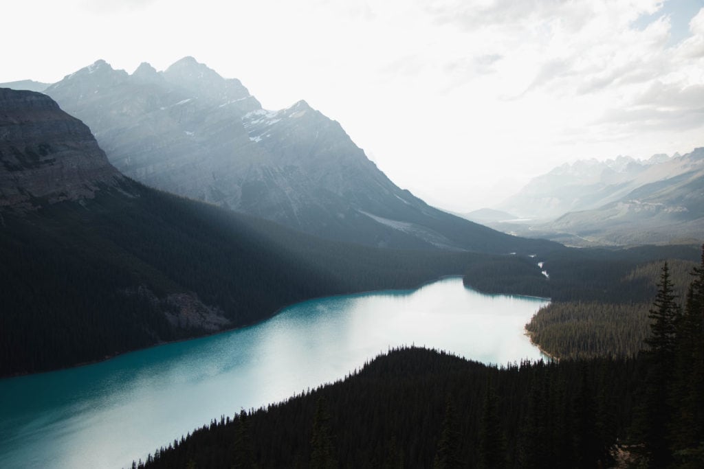 a photo of Peyto Lake at sunset in the canadian rockies - best stops on the icefields parkway canada - icefields parkway stops