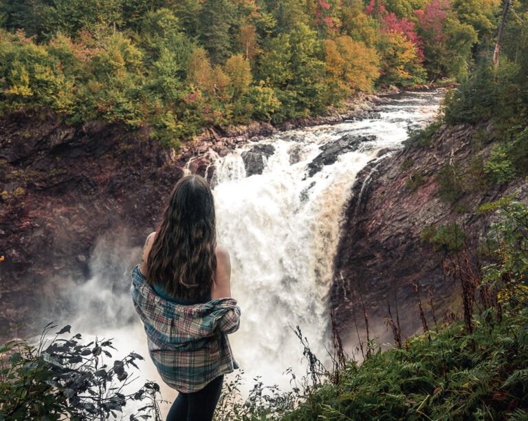 a viewpoint of the waterfall on Towab Trail in Lake Superior Provincial Park